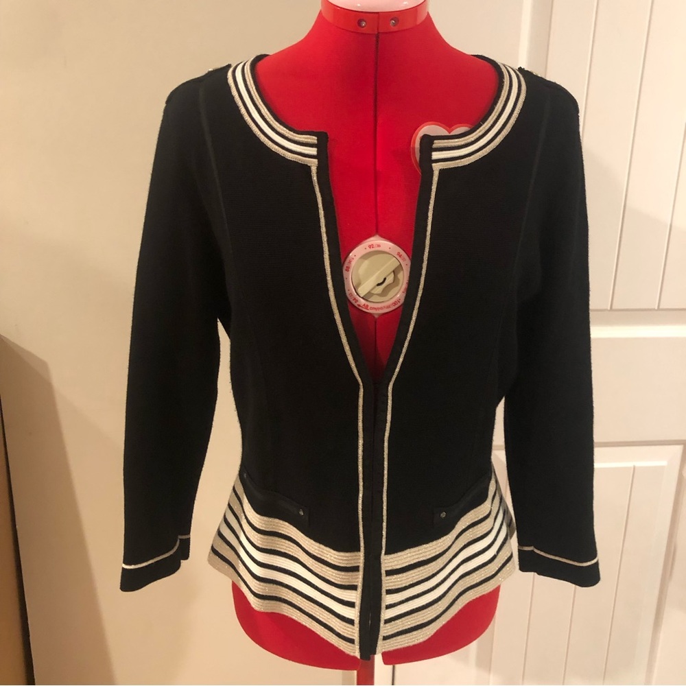 White House Black Market Black Cardigan with Cream Trim and Striped Hem